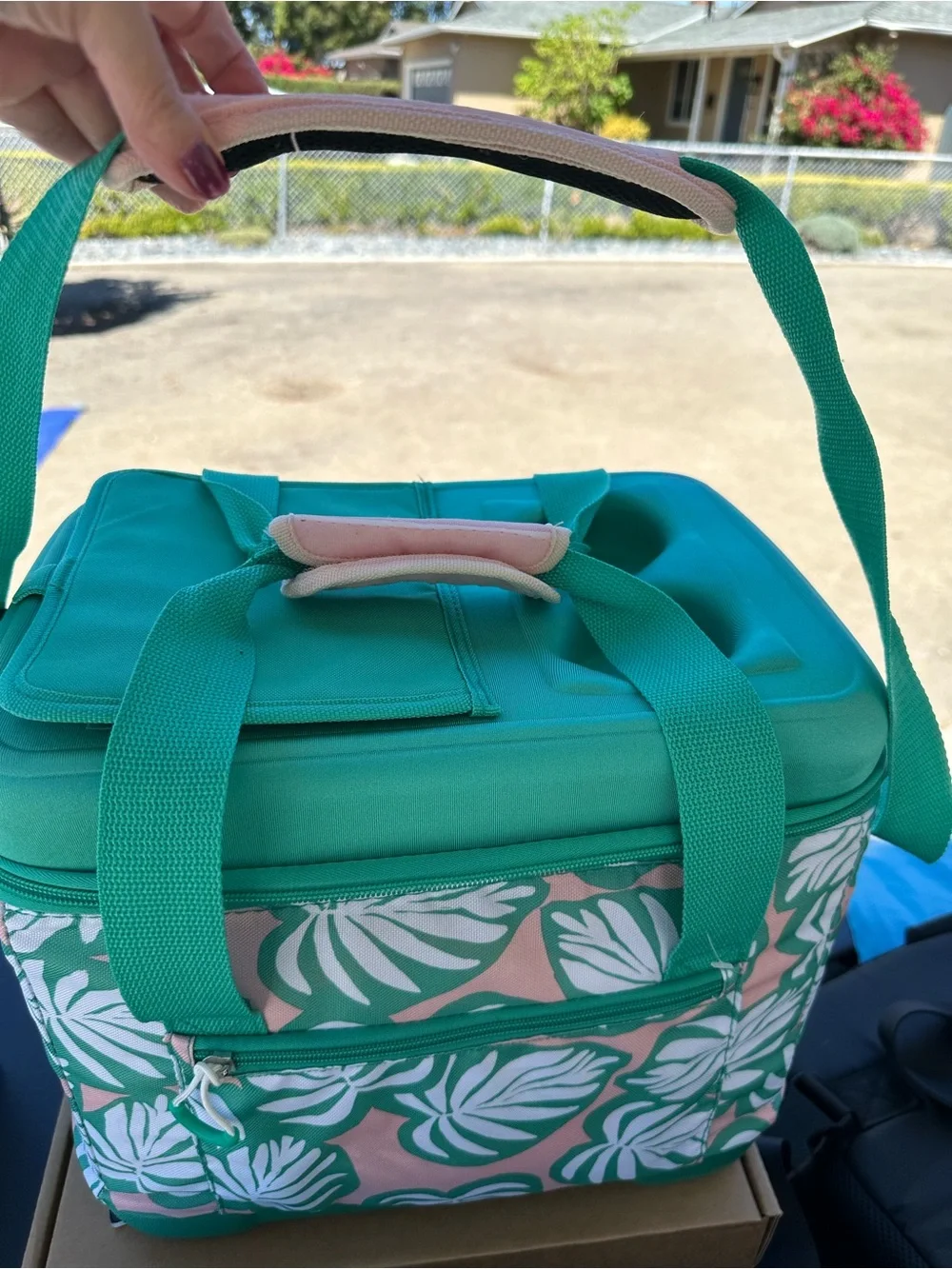 Green and Pink Tropical Print Soft Cooler Tote Bag